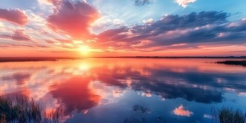Wall Mural - beautiful sky reflected in the calm river creates a stunning scene, enhancing the picturesque view o