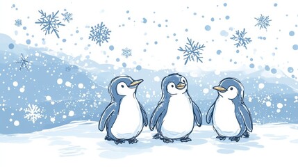 Poster - Charming winter doodle featuring playful penguins surrounded by falling snow and snowflakes in a serene landscape. Generative AI