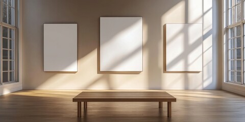 Poster - Two blank canvases displayed in an art gallery setting. The light effect enhances the blank canvases, creating an intriguing visual experience centered on the blank canvases.