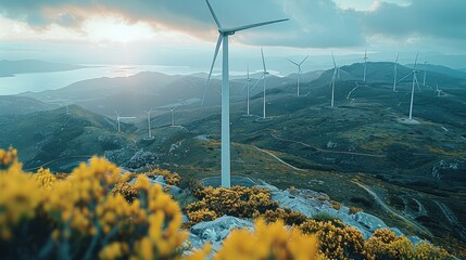 Aufkleber - Sustainable energy resources on mountain. Wind energy. Wind power. Wind turbine.