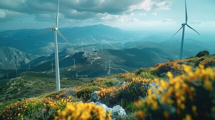 Aufkleber - Sustainable energy resources on mountain. Wind energy. Wind power. Wind turbine.