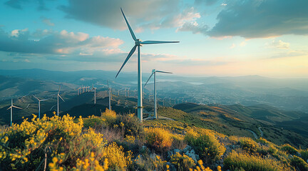 Aufkleber - Sustainable energy resources on mountain. Wind energy. Wind power. Wind turbine.