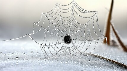 Dew Catch. Intricate spider web covered with dew drops in morning fros