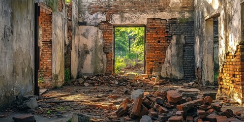 Abandoned old building showcases the remnants of a sugar mill, featuring a collapsed brick wall among industrial ruins. Explore the intriguing history of this sugar mill site and its decayed