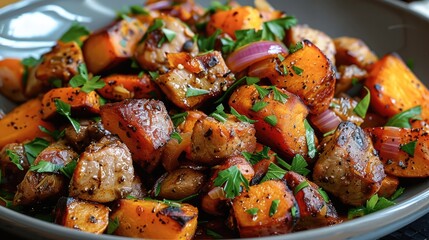 Poster - Pork and Sweet Potato Hash with Spices, recipe made with Pork tenderloin, Sweet potatoes, Onion, Red bell pepper.