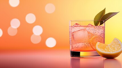 Wall Mural - Refreshing summer cocktail with lemon and ice in a rocks glass.