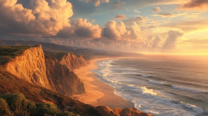 Dramatic Coastal Cliffs Sunset Golden Hour Ocean Waves