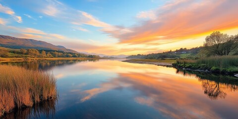 Wall Mural - beautiful sky reflected in the calm river creates a stunning scene, enhancing the picturesque view o