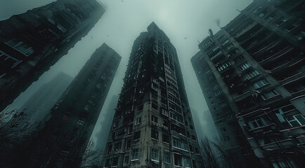 Poster - Very old tall buildings some are in ruins, dark sky, pollution outside that window.