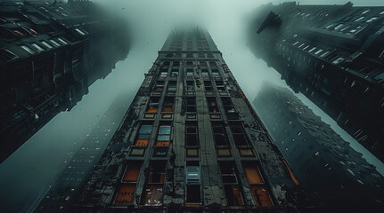 Aufkleber - Very old tall buildings some are in ruins, dark sky, pollution outside that window.