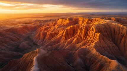 Poster - Aerial view of Pe dramatic Flaming Cliffs at sunrise, wiP Peir rugged textures glowing under golden light, in 4K resolution