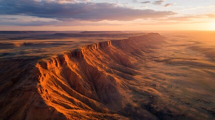 Poster - Aerial view of Pe dramatic Flaming Cliffs at sunrise, wiP Peir rugged textures glowing under golden light, in 4K resolution