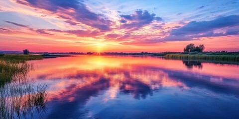 Wall Mural - beautiful sky reflected in the calm river creates a stunning scene, enhancing the picturesque view o