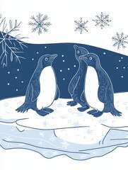 Poster - Winter themed doodle featuring three penguins gathered on an icy platform surrounded by snowflakes and winter elements. Generative AI