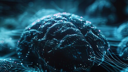 Wall Mural - a 3d rendering of a glowing blue brain with pink highlights, surrounded by abstract lines and dots.