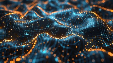 A 3D render of a grid-like structure with glowing blue and orange lights.