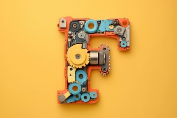 The letter F is made up of many gears and other mechanical parts