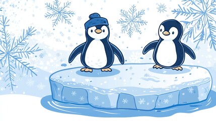 Poster - Cute winter themed doodle featuring two penguins on an ice floe surrounded by snowflakes in a chilly atmosphere. Generative AI
