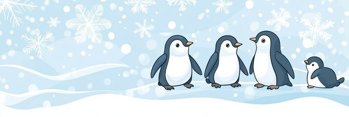 Poster - Cute penguins enjoying winter fun in a snowy landscape with falling snowflakes and a serene background of blue sky. Generative AI