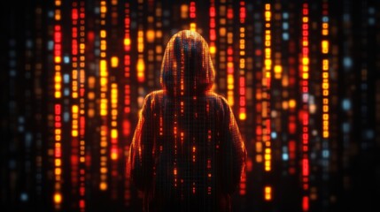 Hooded figure facing digital rain.