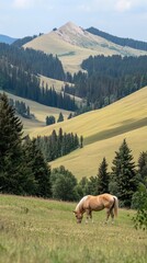 Wall Mural - A serene landscape featuring a horse grazing in a lush green meadow with rolling hills.