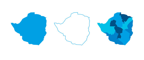 Zimbabwe set of three maps - solid map, outline map and map highlighting administrative divisions. Three distinct maps illustrate various representations of a geographical area.