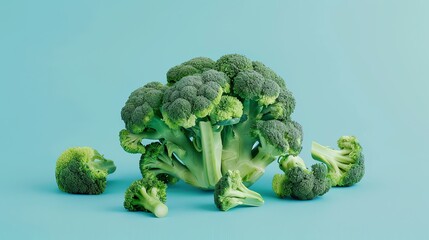 Wall Mural - A bunch of fresh broccoli on a blue background.