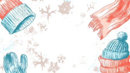 Leinwandbilder - Winter themed doodle featuring cozy hats, scarves, and mittens surrounded by snowflakes and seasonal motifs. Generative AI