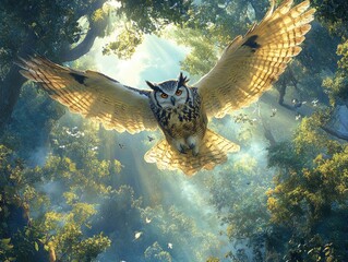 Wall Mural - A majestic owl soaring through a sunlit forest, showcasing nature's beauty and wildlife.