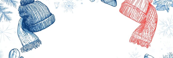 Fototapete - Winter doodle featuring cozy hats and scarves surrounded by snowflakes and holiday elements. Generative AI