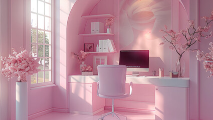 Poster - Cute pink office, modern beautiful working office, for a graphic designer.