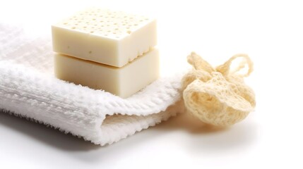 Two bars of white soap on a white towel, next to a loofah.