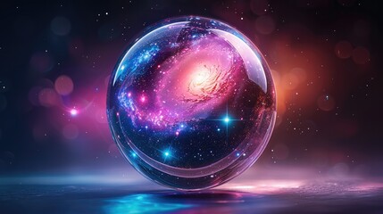 Leinwandbilder - A transparent glass ball holding a glowing galaxy, vibrant nebulae in purples and blues, and sparkling stars, faint cosmic swirls, clean black gradient background.