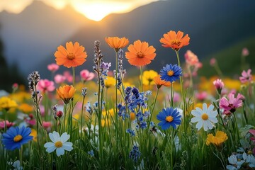 Wall Mural - vibrant mountain meadow bursting with blooming wildflowers in springtime bathed in soft sunlight showcasing a palette of colors and life inviting exploration and tranquility