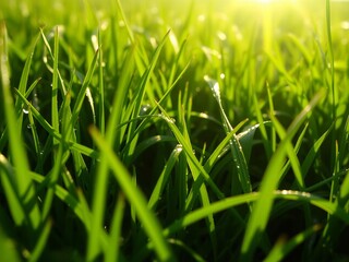 Green grass field with dew drops in the morning sunlight, nature, close up