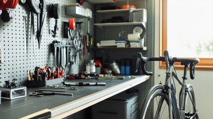 Poster - A sleek bicycle repair station with tools and parts neatly organized, A bright, open garage space with a clean workbench