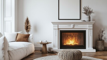 Wall Mural - Cozy living room with fireplace, sofa, and decor.