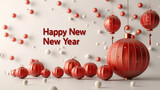 "2025" 3D rendering, with the word "2025" in ancient Chinese red lanterns, and a row of small words "Happy New Year" below, white background, minimalist, simple design.