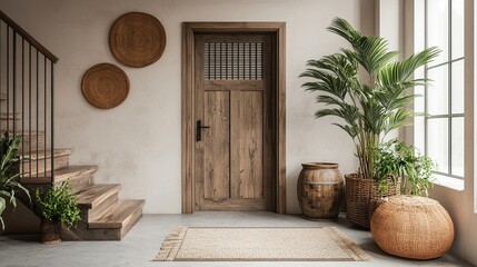 Wall Mural - Cozy entryway with wooden stairs, door, plants, and woven wall decor.