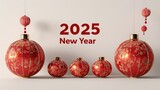 "2025" 3D rendering, with the word "2025" in ancient Chinese red lanterns, and a row of small words "Happy New Year" below, white background, minimalist, simple design.