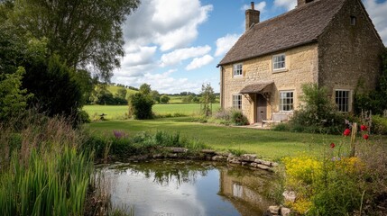 Wall Mural - Charming stone cottage with garden pond, idyllic countryside setting.