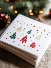 Poster - Colorful Christmas cards featuring festive trees and stars on a rustic wooden table with holiday decorations. Generative AI