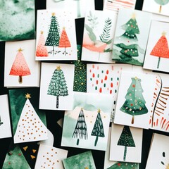 Aufkleber - Colorful assortment of handmade Christmas cards featuring festive trees and vibrant designs arranged neatly on a table. Generative AI