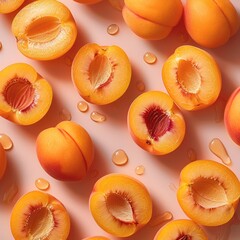 Wall Mural - Flat lay of juicy apricot slices on a peach background, natural light. top view.