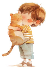 PNG A cute boy holding a cat illustration.