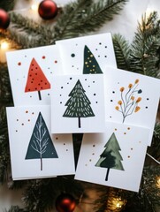 Leinwandbilder - Charming collection of hand painted Christmas cards showcasing festive tree designs with seasonal colors and botanical elements. Generative AI