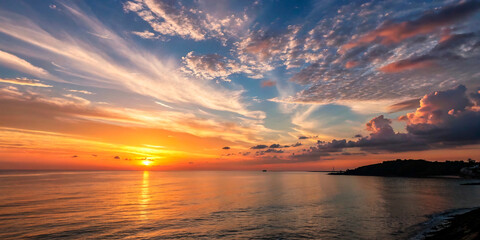 Sticker - a beautiful sunset over the ocean with clouds and the sun setting.