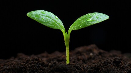 Wall Mural - Young sprout with water droplets on leaves.