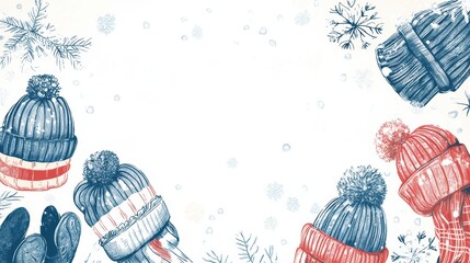 Leinwandbilder - Winter themed doodle featuring knitted hats and snowflakes in a cozy layout for the holiday season. Generative AI