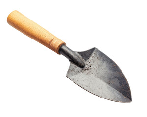 garden trowel with wooden handle and metal blade isolated on transparency background, showing signs of use with soil on blade